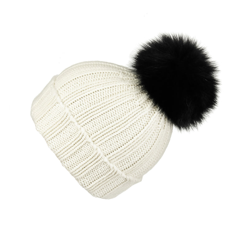 Fold-Over Ivory Cashmere Hat with Black Pom-Pom, Hat with Pom - Loveknitz