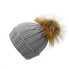 Grey Reversible Slouchy Cashmere Hat with Ivory Rim and White Fur Pom