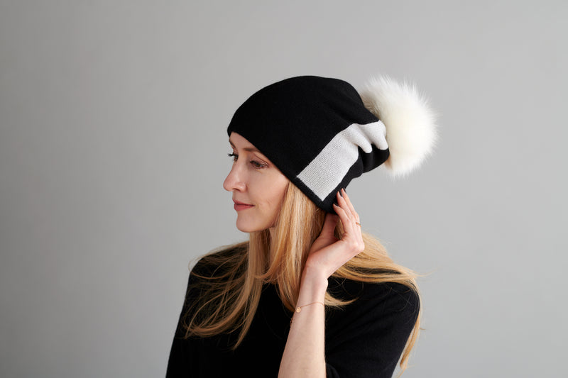 Reversible Slouchy Black & White Striped Cashmere Hat with White Pom-Pom