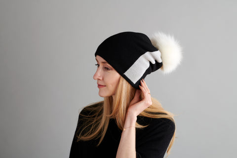 Grey Reversible Slouchy Cashmere Hat with Ivory Rim and White Fur Pom