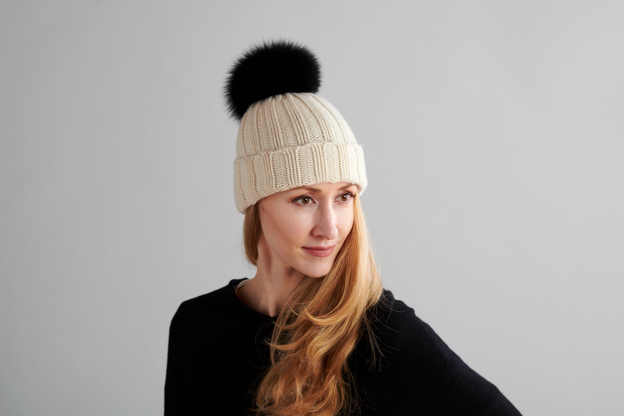 Fold-Over Ivory Cashmere Hat with Black Pom-Pom – Loveknitz