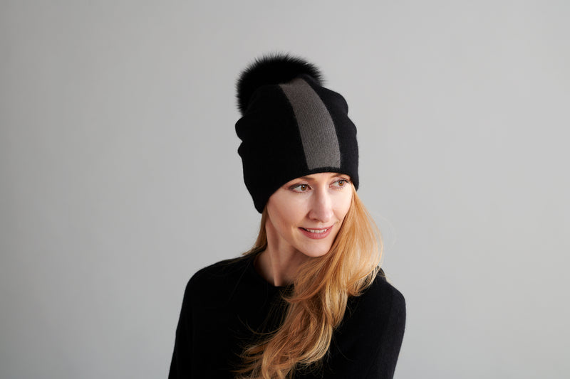 Reversible Slouchy Black and Grey Striped Cashmere Hat with Black Pom-Pom