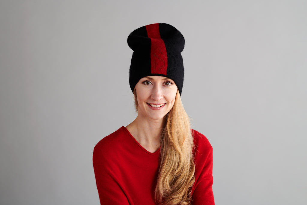 Reversible Slouchy Black and Red Striped Cashmere Hat