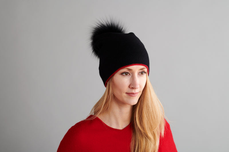 Black Reversible Slouchy Cashmere Hat with Red Rim and Black Fur Pom