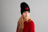 Reversible Slouchy Black Cashmere Hat with Gold Heart and Light Caramel Pom-Pom