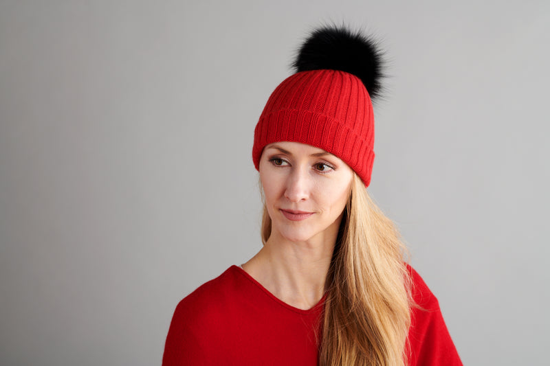 Ribbed Red Cashmere Hat with Black Pom-Pom