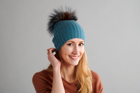 Ribbed Grey Cashmere Hat with Electric Blue Pom-Pom