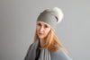 Reversible Slouchy Taupe Cashmere Hat with Pine Mist Pom-Pom