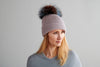 Pearl Stitched Light Grey Cashmere Hat with Dark Lilac Pom-Pom