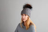 Fold-Over Ivory Cashmere Hat with Electric Blue Pom-Pom