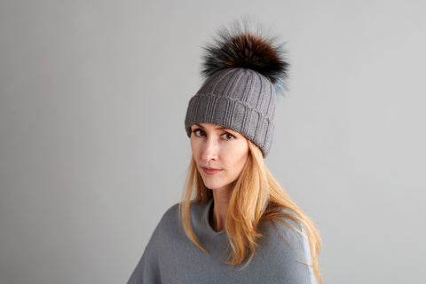 Grey Reversible Slouchy Cashmere Hat with Ivory Rim and White Fur Pom