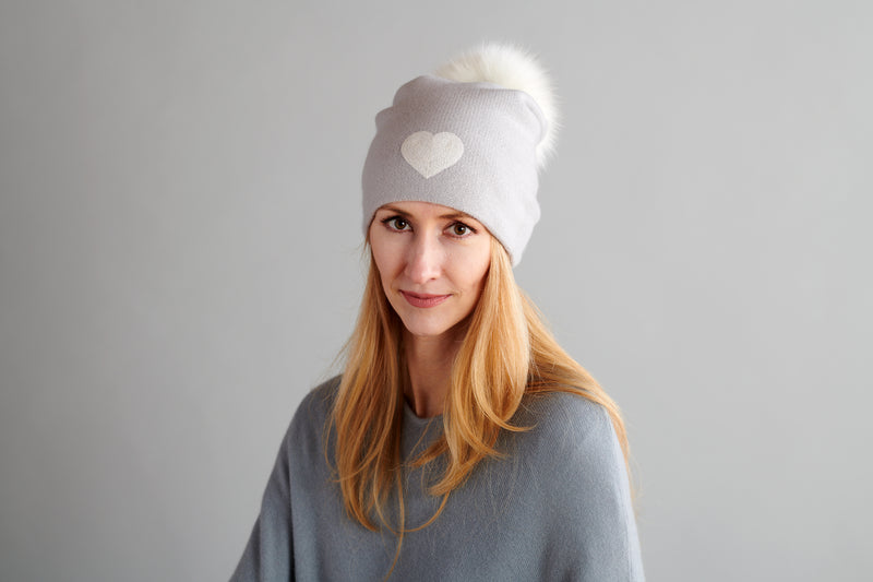 Reversible Slouchy Light Grey Cashmere Hat with white Heart and White Pom-Pom