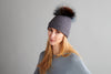 Grey Reversible Slouchy Cashmere Hat with Ivory Rim and White Fur Pom