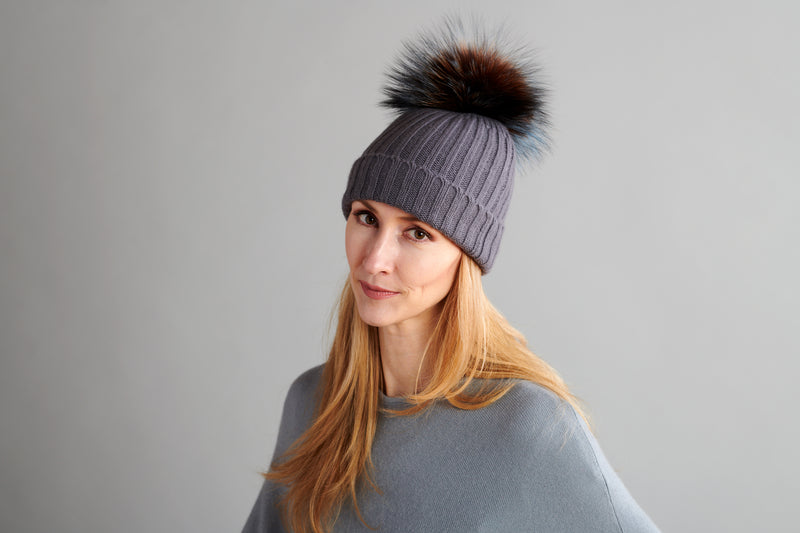 Ribbed Grey Cashmere Hat with Pine Mist Pom-Pom