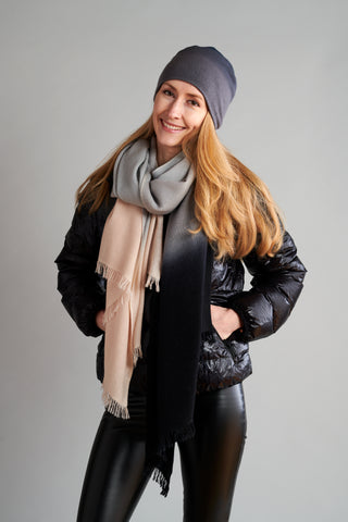 Reversible Slouchy Black Cashmere Hat with White Heart