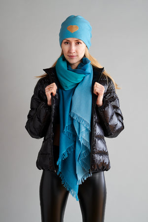 Reversible Slouchy Light Teal Cashmere Hat with Gold Heart