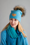 Reversible Slouchy Gold Cashmere Hat with Seafoam Pom-Pom