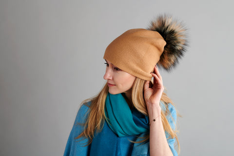 Black Reversible Slouchy Cashmere Hat with White Rim and White Fur Pom