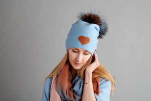 Reversible Slouchy Light Blue Cashmere Hat with Bronze Heart and Pine Mist Pom-Pom