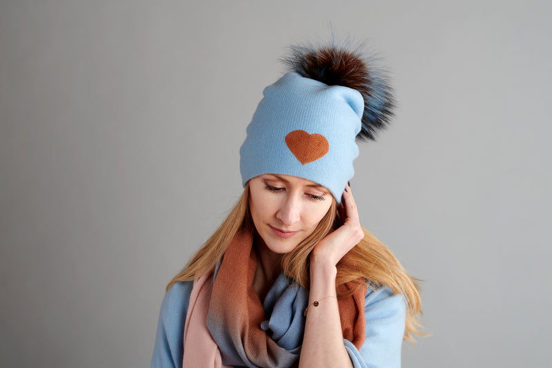 Reversible Slouchy Light Blue Cashmere Hat with Bronze Heart and Pine Mist Pom-Pom