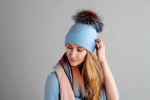 Reversible Slouchy Light Blue Cashmere Hat with Bronze Heart and Pine Mist Pom-Pom