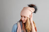 Reversible Slouchy Black Cashmere Hat with Gold Heart and Light Caramel Pom-Pom