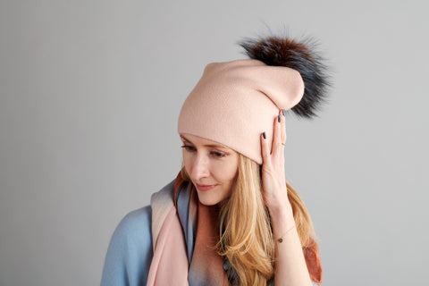 Reversible Slouchy Sand Cashmere Hat with Caramel Pom-Pom