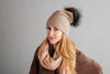 Grey Reversible Slouchy Cashmere Hat with Ivory Rim and White Fur Pom