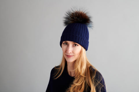 Reversible Slouchy Blue and Red Striped Cashmere Hat with Electric Blue Pom-Pom