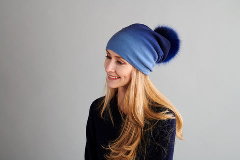 Reversible Slouchy Gold Cashmere Hat with Crystal Pom-Pom