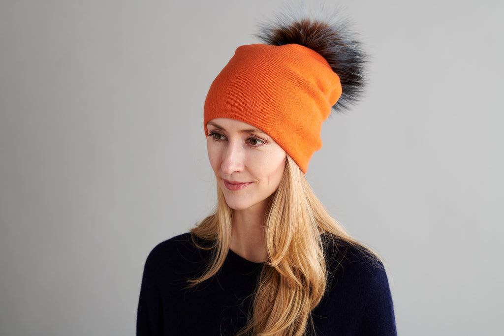 Reversible Slouchy Orange Cashmere Hat with Pine Mist Pom-Pom