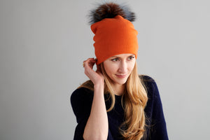 Reversible Slouchy Orange Cashmere Hat with Pine Mist Pom-Pom