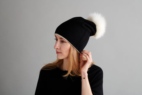 Grey Reversible Slouchy Cashmere Hat with Ivory Rim and White Fur Pom