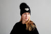 Reversible Slouchy Black Cashmere Hat with Gold Heart and Light Caramel Pom-Pom