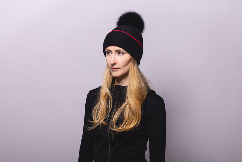 Black Reversible Slouchy Cashmere Hat with Red Rim and Black Fur Pom