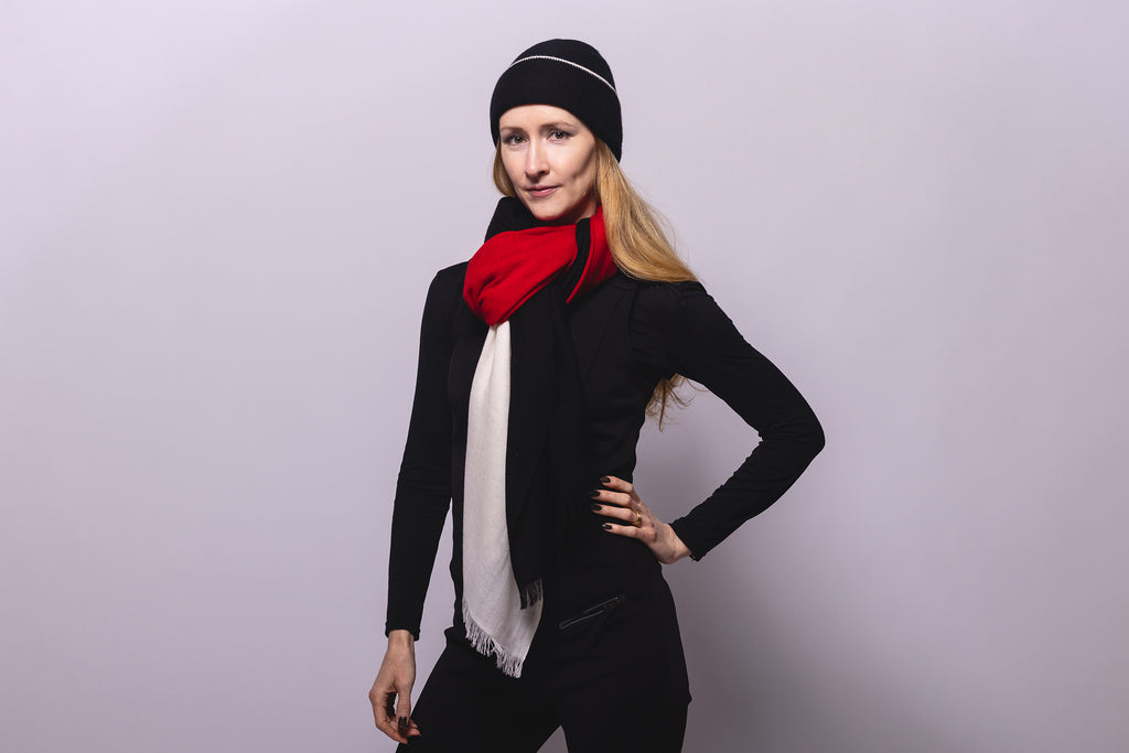 Black Reversible Slouchy Cashmere Hat with White Rim and Black Fur Pom