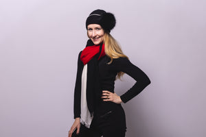 Black Reversible Slouchy Cashmere Hat with White Rim and Black Fur Pom