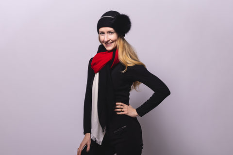 Reversible Slouchy Black Cashmere Hat with White Heart and White Pom-Pom
