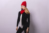 Black Reversible Slouchy Cashmere Hat with Red Rim and Black Fur Pom