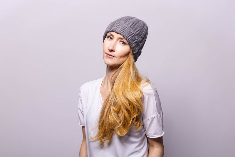 Fold-Over Ribbed Grey Cashmere Hat