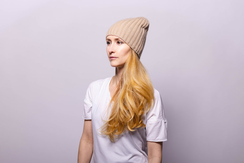 Reversible Slouchy Taupe Cashmere Hat with Pine Mist Pom-Pom