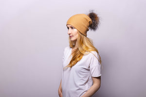 Reversible Slouchy Gold Cashmere Hat with Crystal Pom-Pom