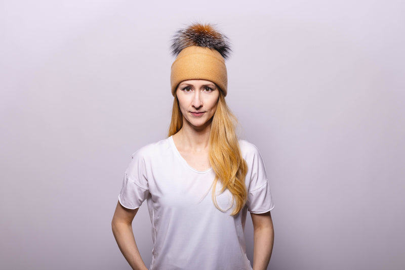 Reversible Slouchy Gold Cashmere Hat with Crystal Pom-Pom