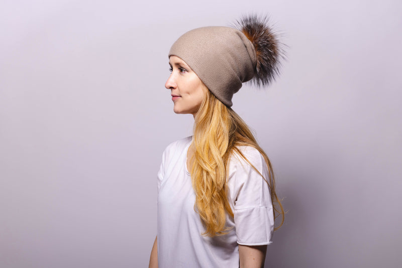 Reversible Slouchy Taupe Cashmere Hat with Crystal Pom-Pom
