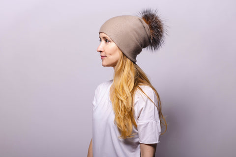 Reversible Slouchy Grey & Caramel Striped Cashmere Hat with Light Caramel Pom-Pom