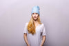 Reversible Slouchy Light Blue Cashmere Hat with Bronze Heart