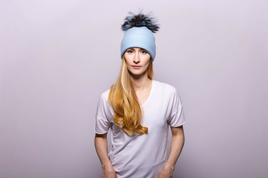 Reversible Slouchy Light Blue Cashmere Hat with Bronze Heart and Pine Mist Pom-Pom