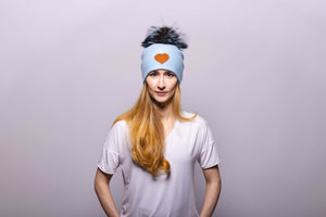 Reversible Slouchy Light Blue Cashmere Hat with Bronze Heart and Pine Mist Pom-Pom