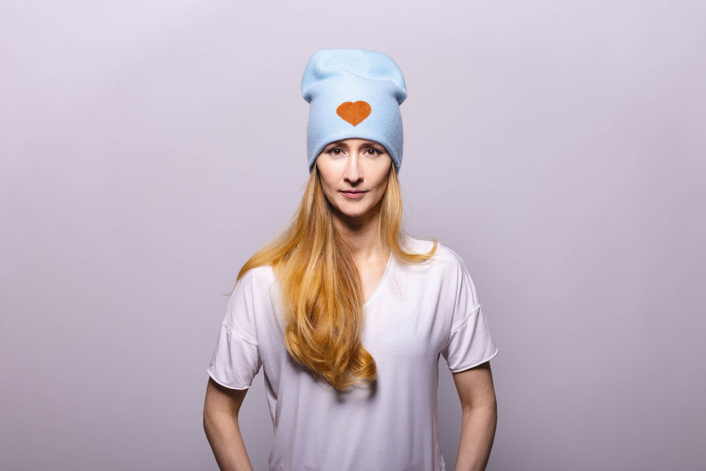 Reversible Slouchy Light Blue Cashmere Hat with Bronze Heart