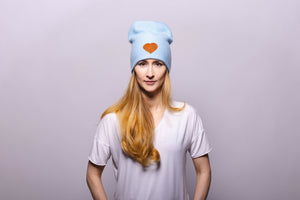 Reversible Slouchy Light Blue Cashmere Hat with Bronze Heart